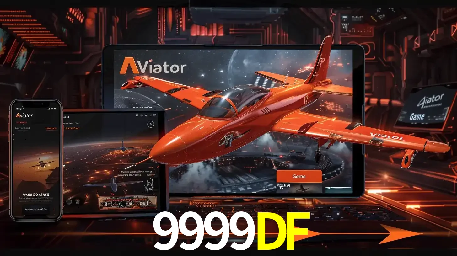 Apresentação tecnológica do jogo Aviator com um avião saindo da tela de um tablet, demonstrando a experiência imersiva em múltiplos dispositivos no 9999DF.