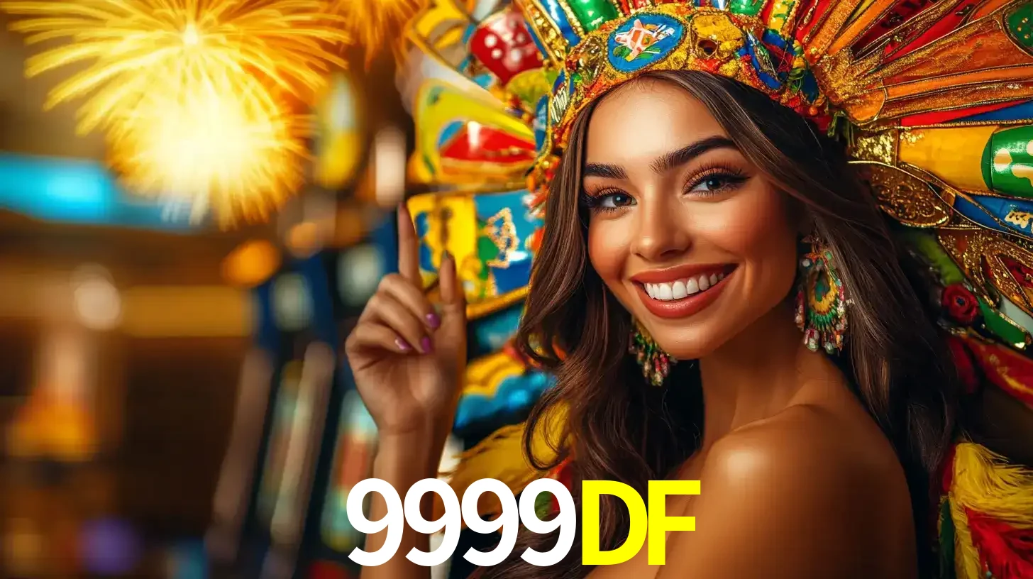 Mulher sorridente com um cocar de carnaval vibrante e colorido, celebrando uma grande vitória nos jogos do cassino 9999DF com fogos de artifício ao fundo.