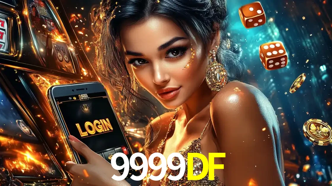 Mulher glamourosa segurando um celular com a tela de login do cassino 9999DF, rodeada por dados e moedas douradas, pronta para começar a diversão.