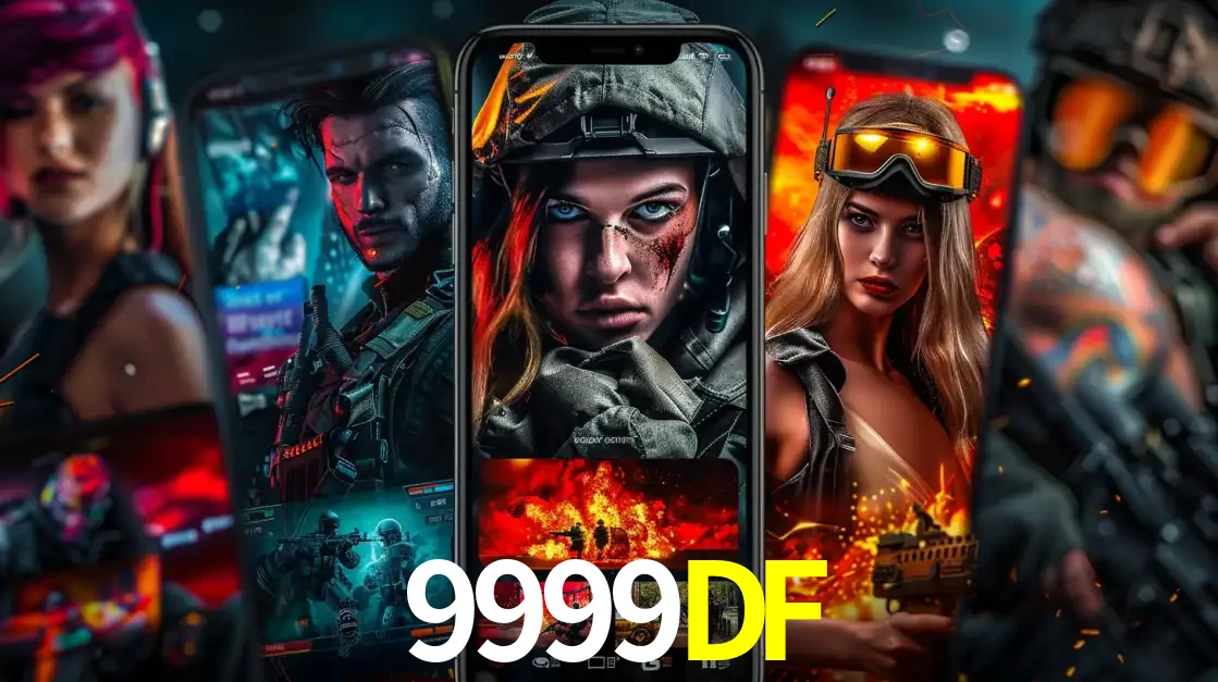 Montagem de telas de celular mostrando diversos personagens, masculinos e femininos, de um jogo de tiro, ilustrando a diversidade de equipes de e-sports para apostar no 9999DF.