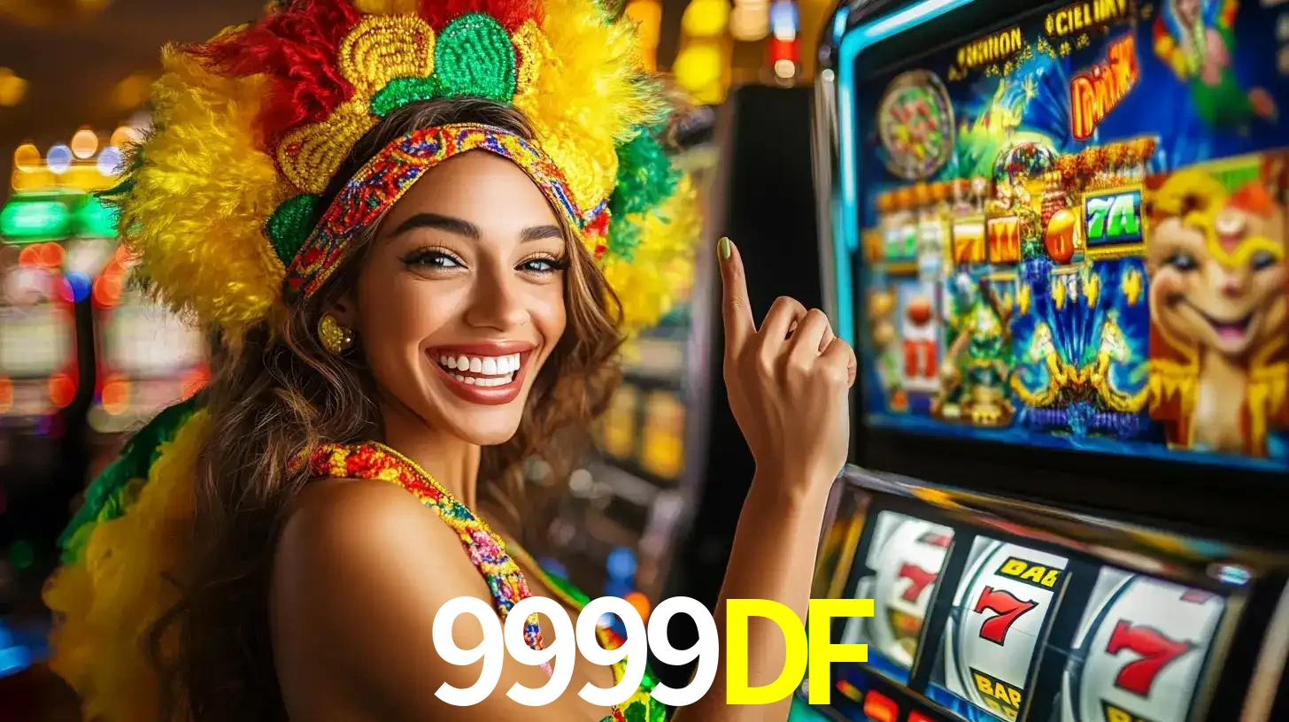 Mulher animada com um cocar de carnaval apontando para uma máquina de caça-níqueis, mostrando a emoção de ganhar um grande prêmio nos jogos do 9999DF.