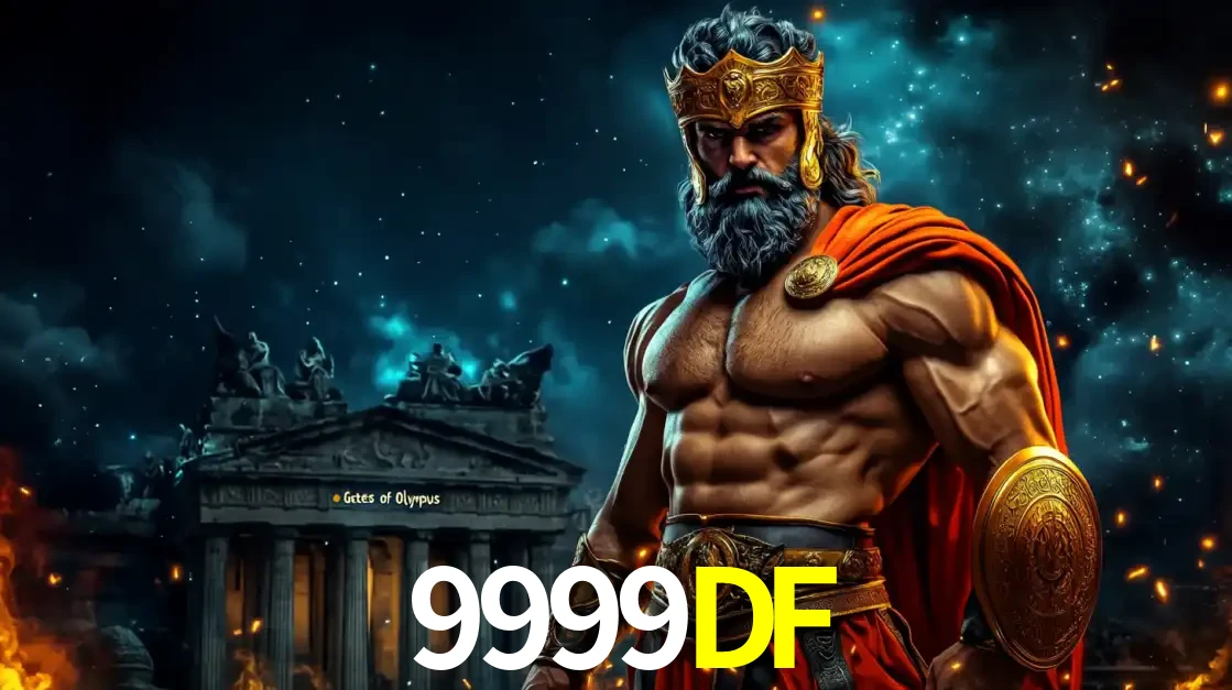 O poderoso Zeus do jogo de slot Gates of Olympus em frente ao seu templo, pronto para lançar multiplicadores divinos e prêmios épicos no cassino online 9999DF.