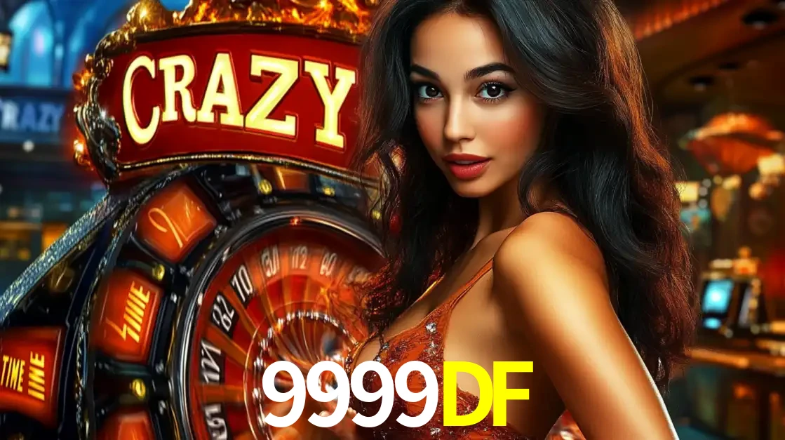 Mulher glamourosa olhando para a câmera com a roda vermelha do Crazy Time ao fundo em um ambiente de cassino, destacando a emoção dos jogos ao vivo no 9999DF.