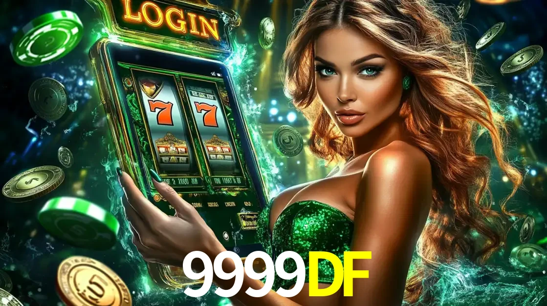 Mulher com tema verde apresentando o aplicativo do cassino 9999DF com um jogo de slot de 777, cercada por fichas de cassino e uma aura de sorte.