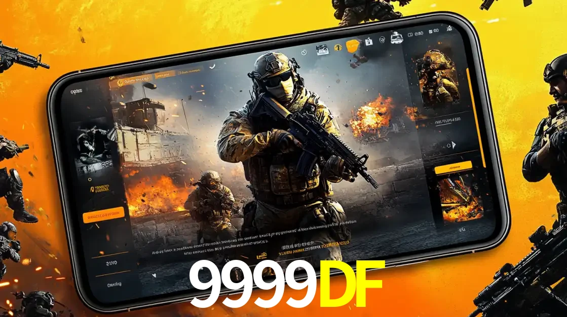 Um smartphone exibindo a interface de um jogo de tiro em primeira pessoa, com um soldado em um cenário de batalha, representando a ação dos e-sports para apostar no 9999DF.