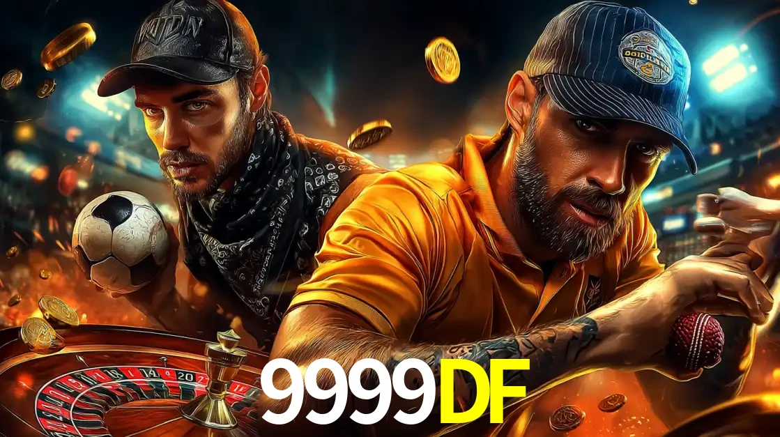 Montagem de apostas esportivas e cassino no 9999DF, com um homem segurando uma bola de futebol e outro uma de beisebol sobre uma roleta e moedas voadoras.