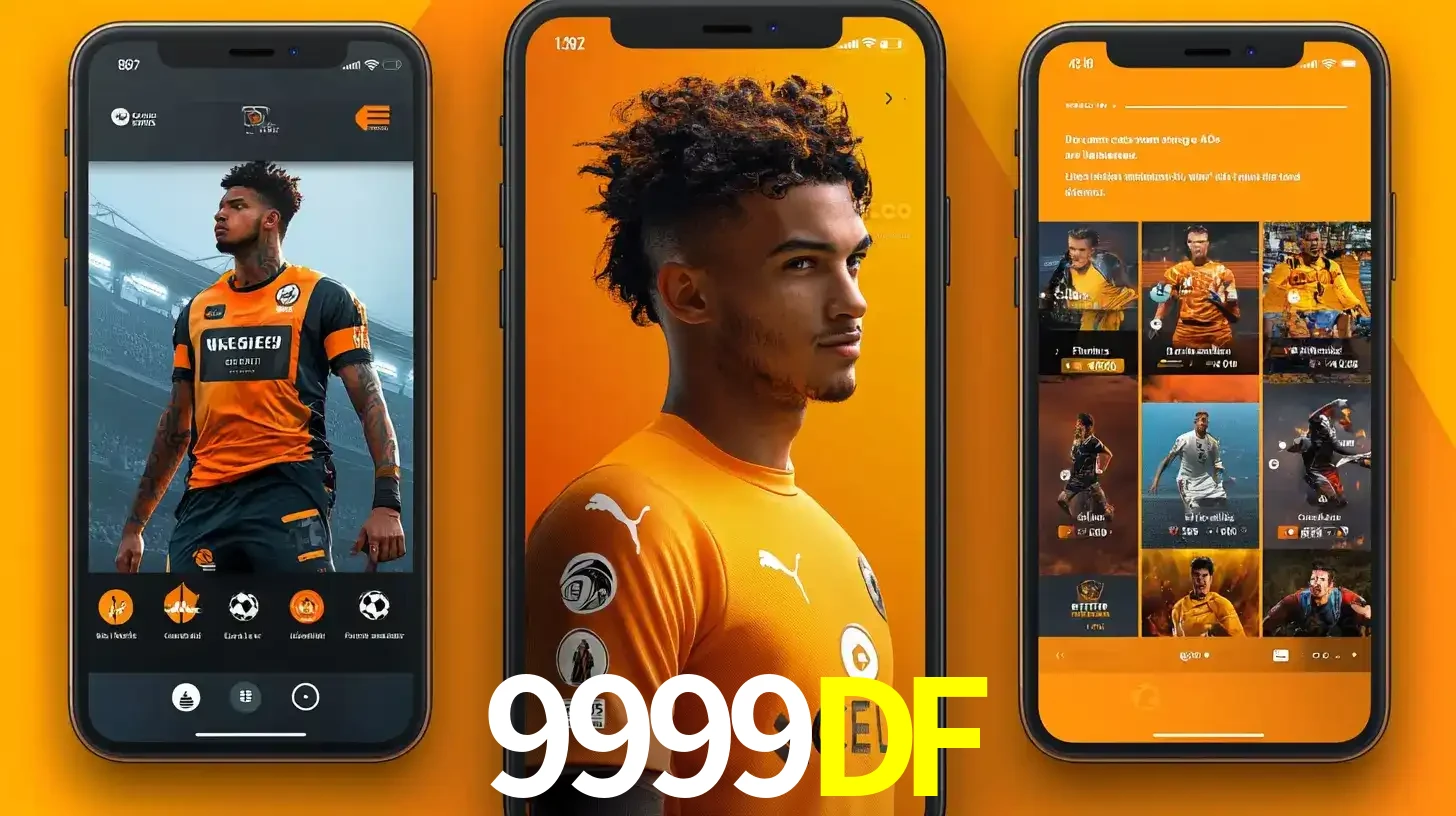 Interface do aplicativo de apostas esportivas 9999DF em três telas de celular, mostrando o perfil de um jogador de futebol e a lista de jogos disponíveis para apostar.