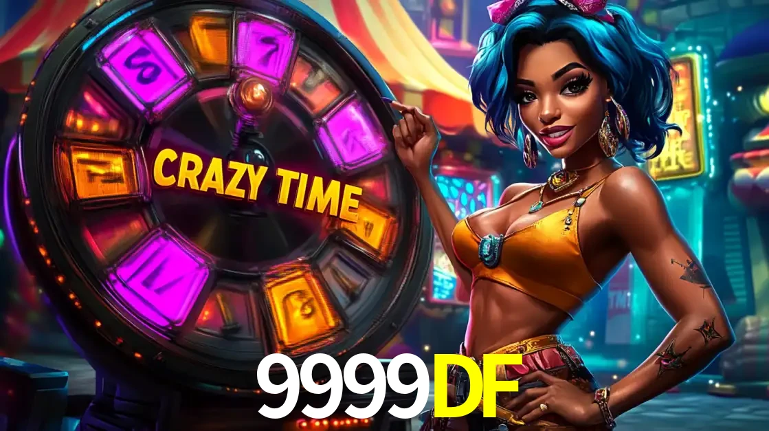 Mulher estilizada com cabelo azul e visual vibrante posando ao lado da roda de prêmios do game show Crazy Time, convidando para a diversão e os bônus do cassino 9999DF.