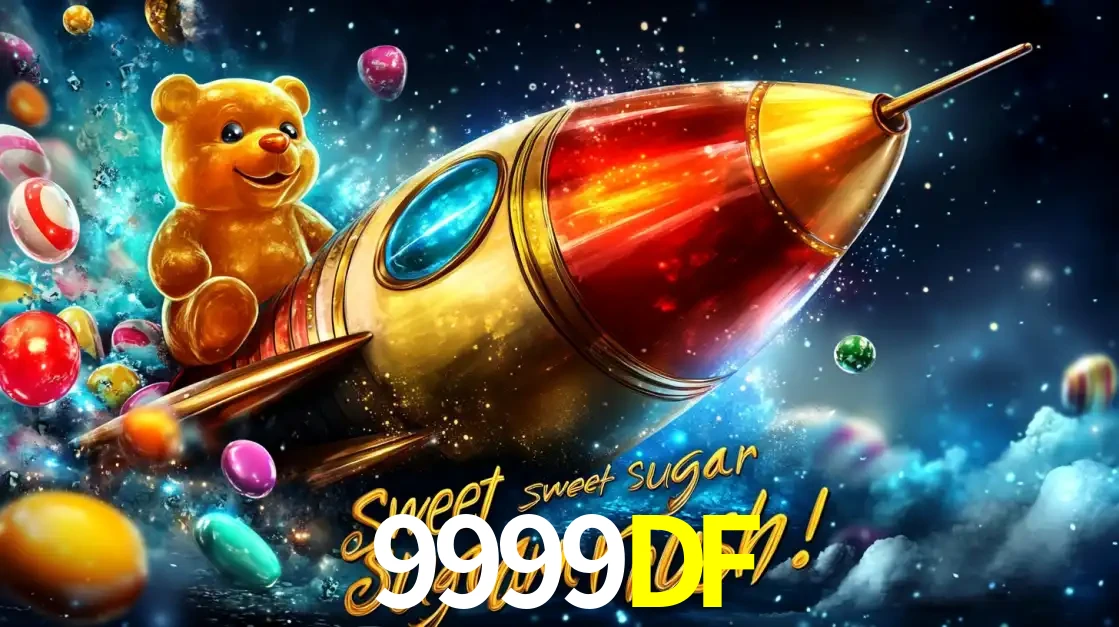 Arte promocional do jogo de slot Sugar Rush, com um urso de pelúcia em um foguete viajando pelo espaço de doces, um dos jogos divertidos disponíveis no cassino 9999DF.