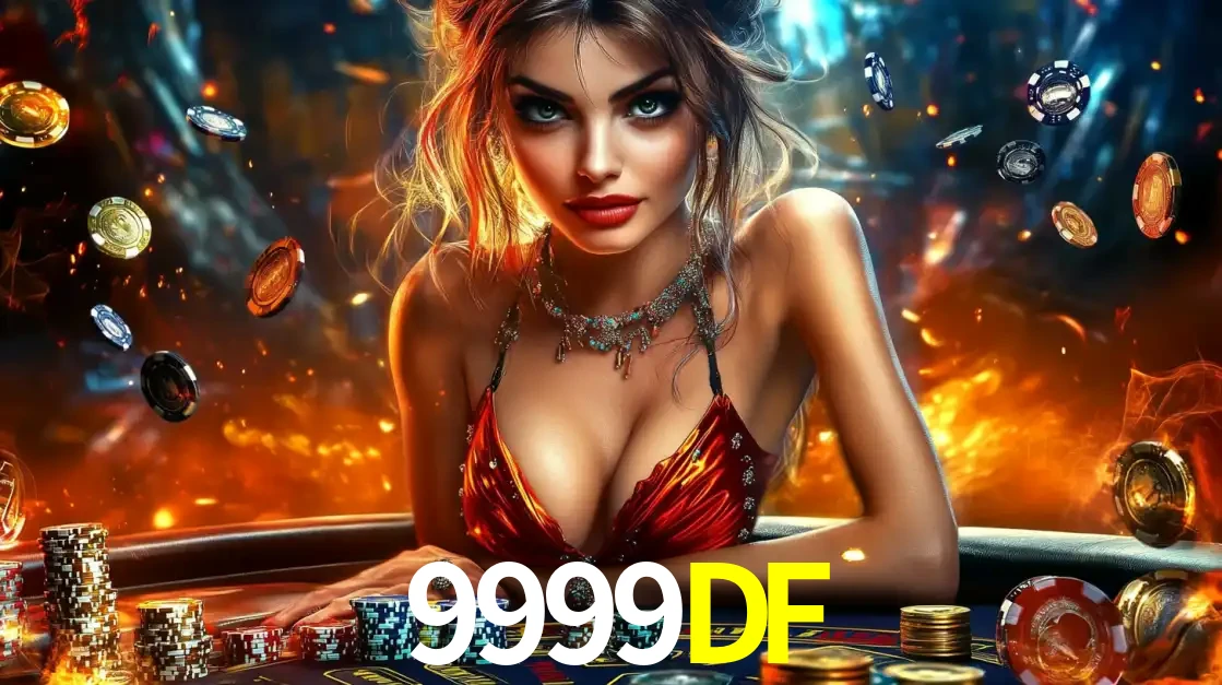 Mulher em uma mesa de cassino com pilhas de fichas e um fundo de fogo, pronta para uma rodada de altas apostas nos jogos de mesa emocionantes do cassino 9999DF.