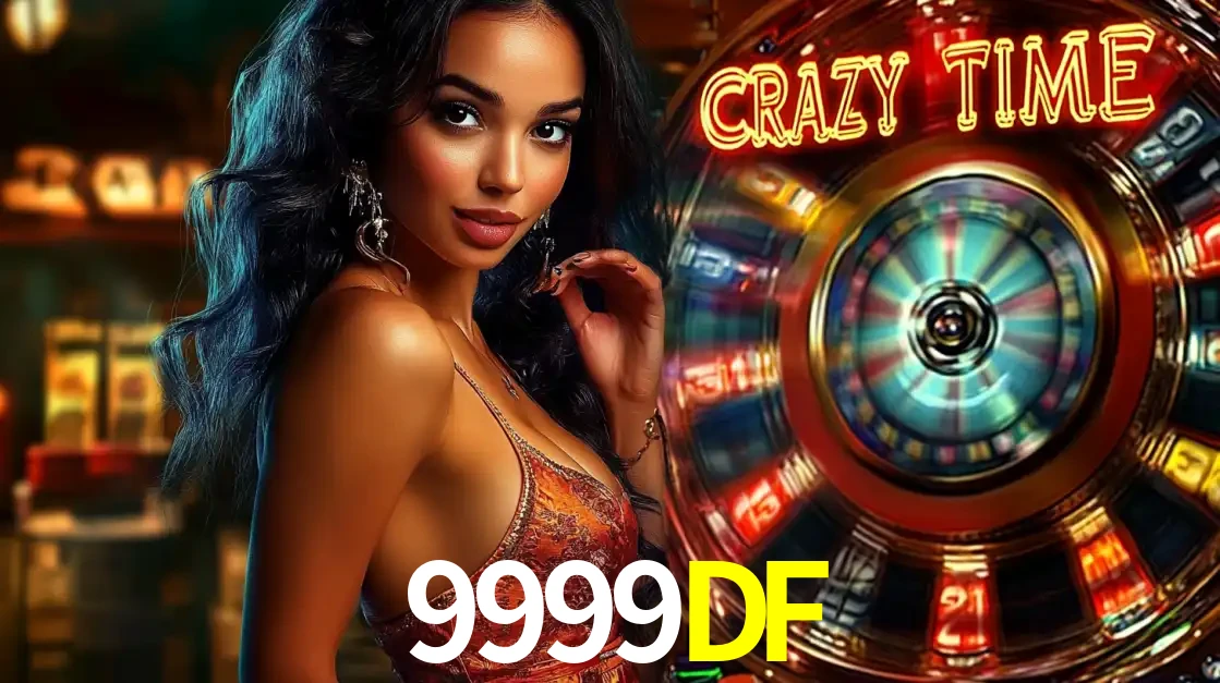 Mulher elegante ao lado da vibrante roda da fortuna do jogo de cassino ao vivo Crazy Time, um dos game shows mais populares e cheios de prêmios do 9999DF.