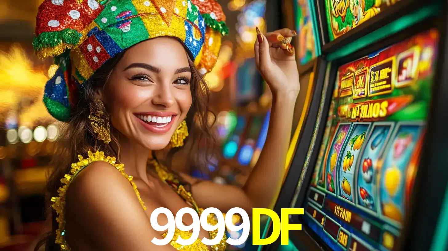 Mulher feliz com traje de carnaval amarelo e colorido ao lado de uma máquina de caça-níqueis, aproveitando a diversão e os jogos temáticos do cassino 9999DF.