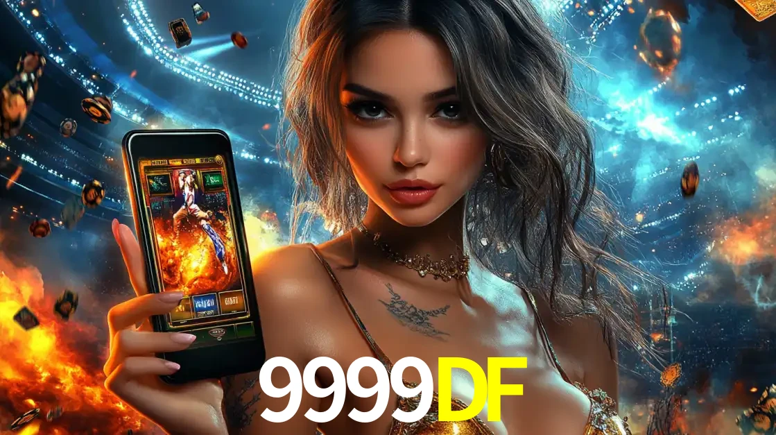 Mulher segurando um celular com um jogo de slot em destaque, tendo como fundo um estádio vibrante, simbolizando a emoção de jogar no cassino móvel 9999DF.