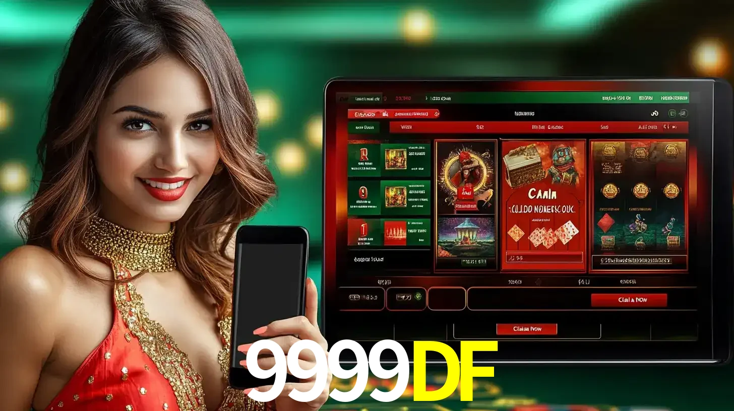 Mulher sorridente segurando um smartphone, ao lado de uma tela exibindo o lobby de jogos do cassino online 9999DF, com várias opções de jogos de cartas e slots.
